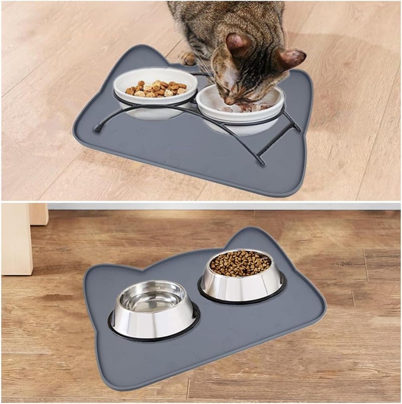 IYYI Cat Food Mat, Silicone Pet Food Mat for Floor, Waterproof Non Slip Pet Feeding Mat, Raised Edge Cat Bowl Mat to Stop Food Spills and Water Messes (Gray+Fishbone) - Image 3